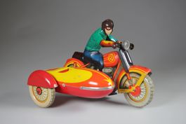 Altes Blechmotorrad mit Beiwagen – Vintage Spielzeug