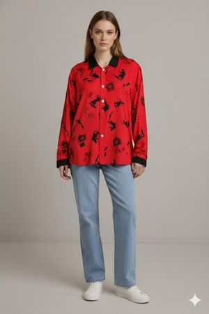 Leuchtend rotes Button-Down-Hemd mit Detektiv-Print und