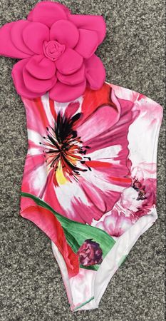 Pink Blumen Badeanzug, One-Shoulder - Grösse L!