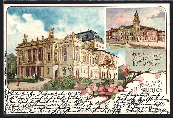 Cartoline postali: Litho Zürich, Theater mit Post, Kirschb – Usato da Berlin venduto da bartko-reher