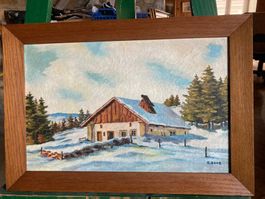 Tableau signé A. Droz, ancienne ferme, Jura Neuchâtelois.