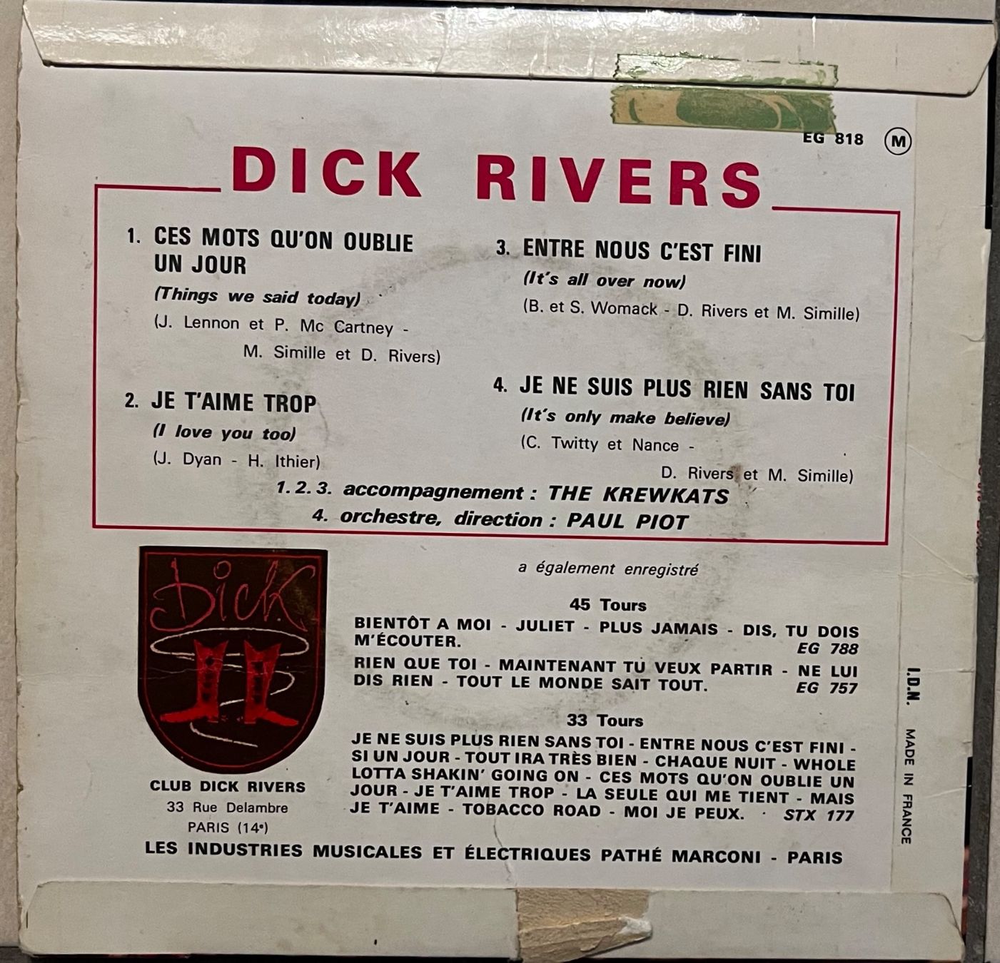 Schallplatten: DICK RIVERS - DICK – Gebraucht aus Bussigny von vinyl-pas-cher 1