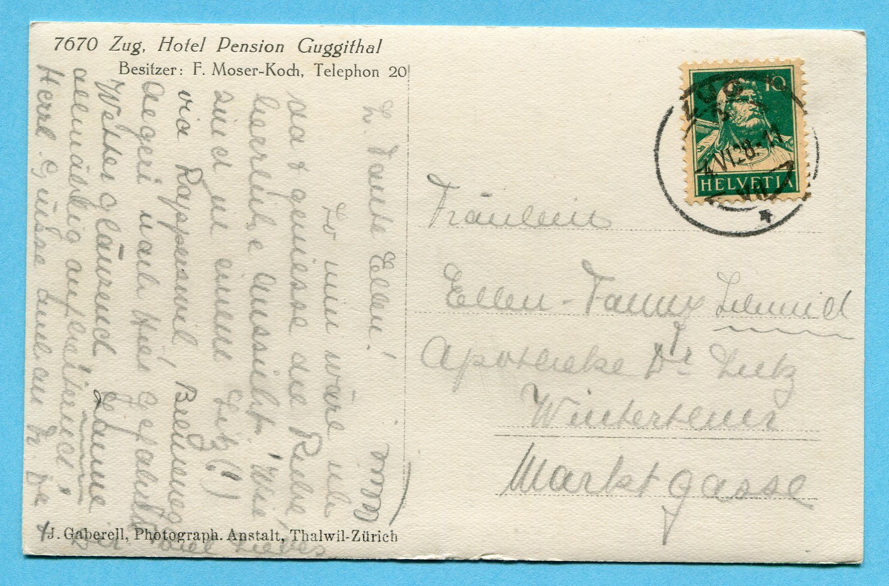 Cartoline postali: Zug 1928 - Hotel Pension Guggithal – Usato da Opfikon venduto da Prophila 1