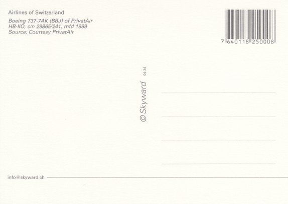 Cartoline postali: Boeing 737, PrivatAir – Usato da Zuerich venduto da OceanLinerPostcards 1