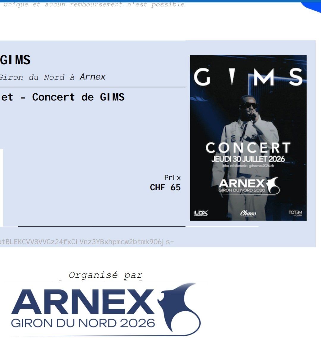 Banconote: Billet concert Gims – Nuovo e nell'imballaggio originale da Savigny venduto da Daphnee