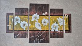5-teiliges Wandbild Orchideen gelb braun top zustand 