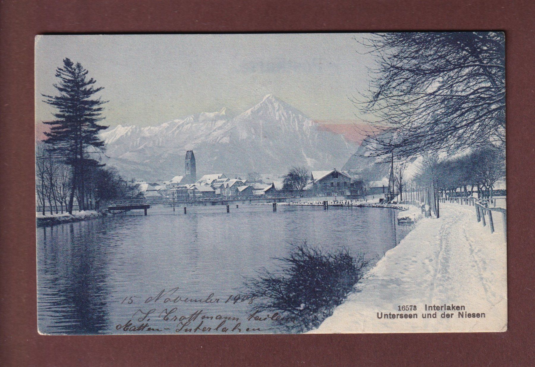 Cartoline postali: INTERLAKEN - Unterseen unter Schnee - 1908 // Eckbug // – Usato da Pully venduto da nicecards-shop