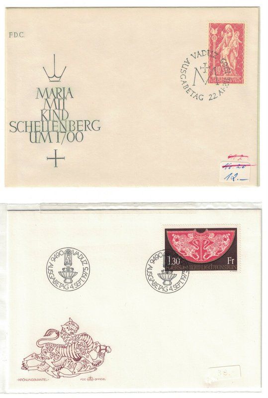 Tutti i francobolli: 2 FDC - Liechtenstein 1965 und 1975 – Usato da Bonstetten venduto da Pinguin75
