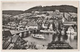 Stein am Rhein mit Schloss und Motorschiff ??  (um 1950)