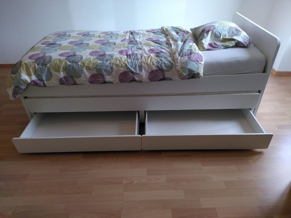 Kinderbett TIMBER 90x200 Mit Zwei Schubladen & Matratzen – Kiefernholz, Grau, Doppelschlafmöglichkeit