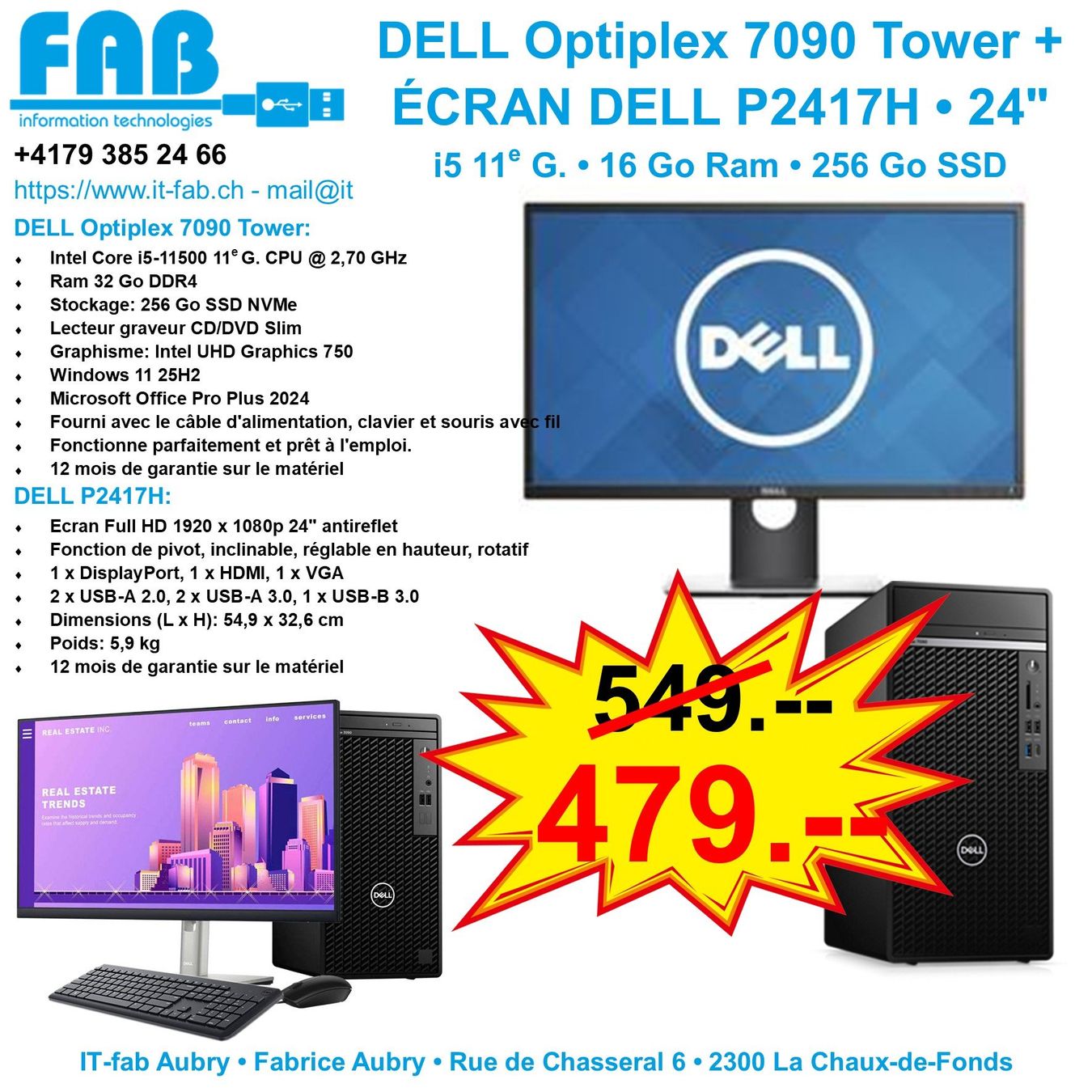 Dell PCs: DELL Optiplex 7090 Tower + Écran DELL P2417H 24" – D'occasion à La Chaux-de-Fonds par it-fab