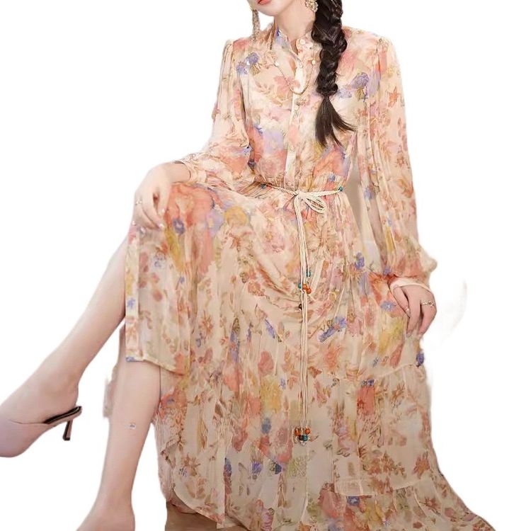Damen Florales Chiffon Maxikleid