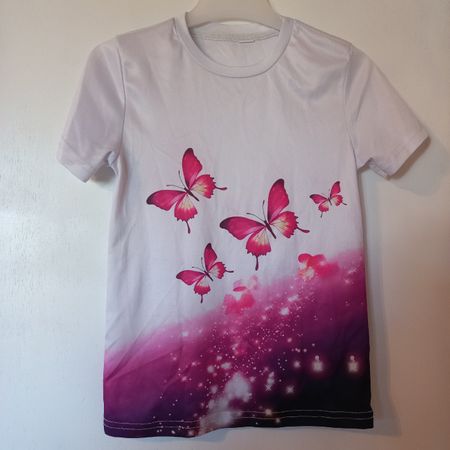 T-shirt fille motif papillons blanc rose taille 140