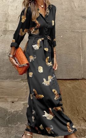 Chic Maxi Abito Camicia di raso con leopardo 🐆-tgS/M-nuovo