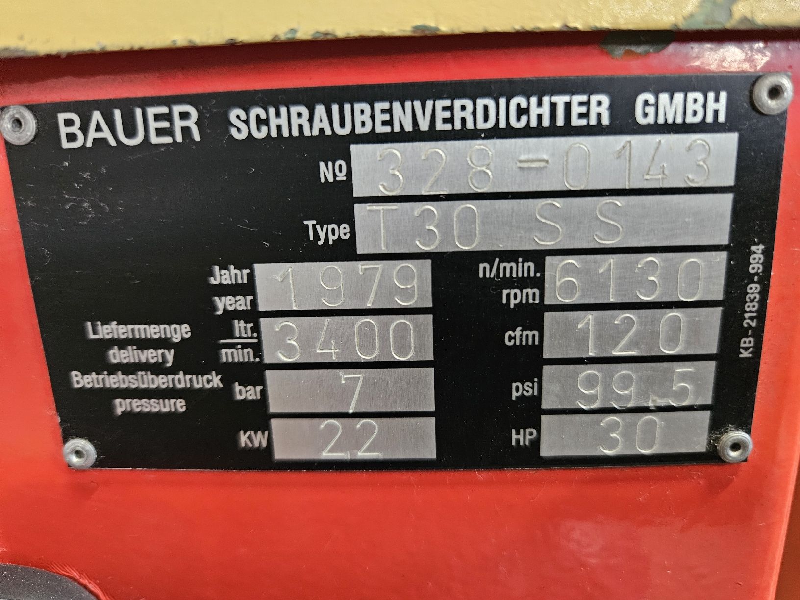 Kompressoren: Bauer Schraubenverdichter T30 SS 1979 gebraucht – Gebraucht aus Heinrichswil von MG-64