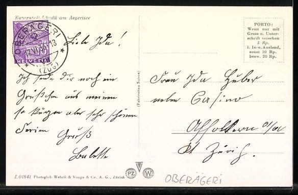Cartoline postali: Oberägeri, Kuranstalt Ländli am Aegeri – Usato da Berlin venduto da bartko-reher 1
