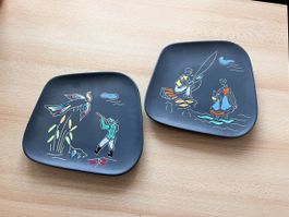 2 Wandteller, 60er 70er, Georg Schmider Keramik, Jagd,Angeln
