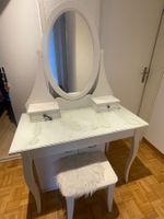Schminktisch mit Spiegel weiss Ovall 2 Schubladen Hocker