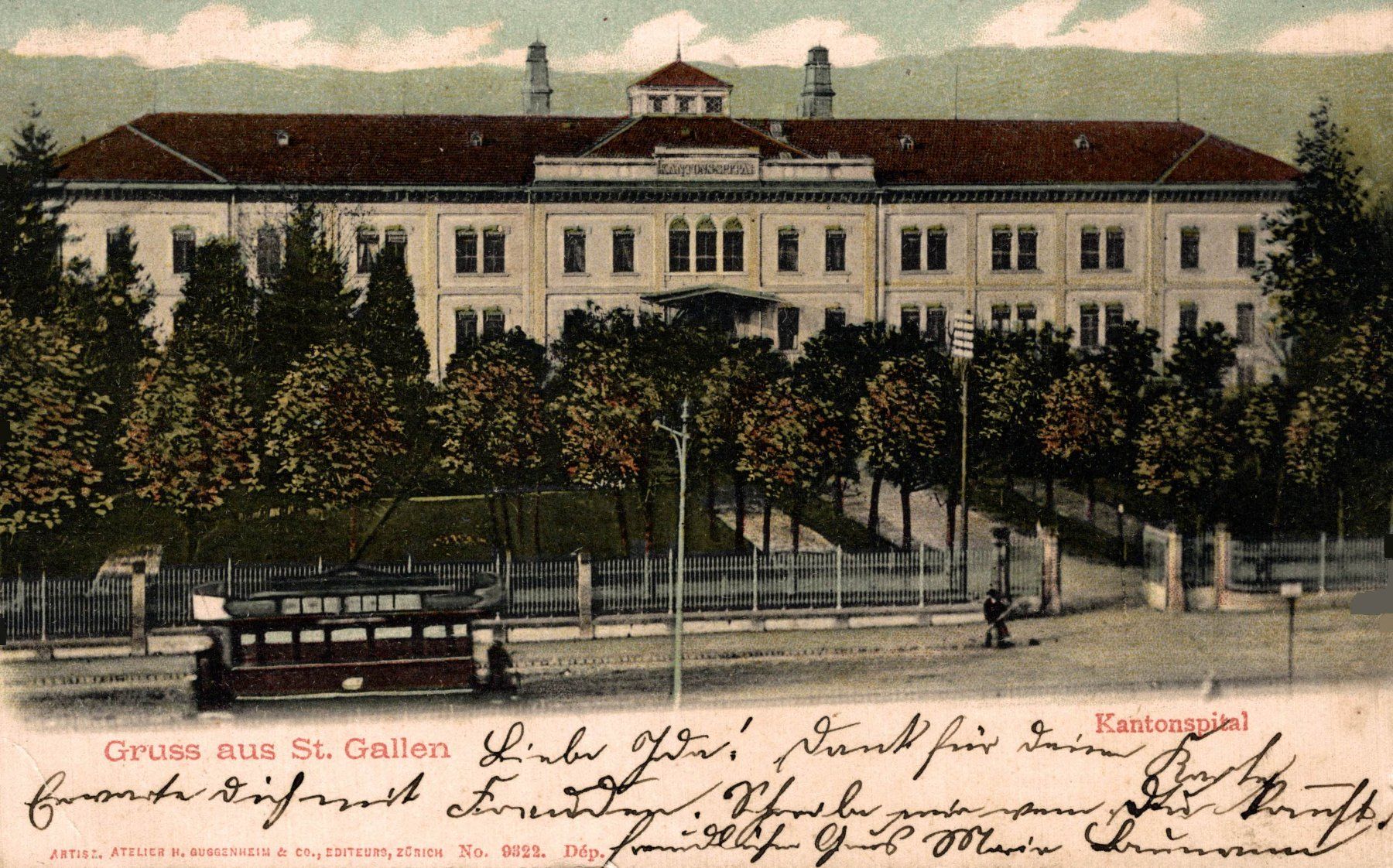Cartoline postali: Gruss aus St. Gallen. Kantonsspital, Tram – Usato da Bronschhofen venduto da Astore