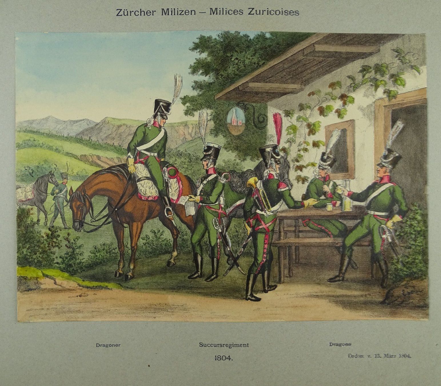 Stiche: ZÜRCHER MILIZEN, LITHOGRAPHIE UM 1890 – Gebraucht aus Grüningen von Kartensammler