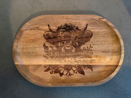 Holztablett mit Highland Rind Lasergravur neu