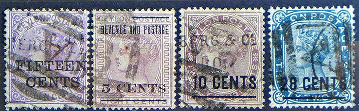 Tutti i francobolli: CEYLON: 4 timbres surchargés, 1885 à 1890 – Nuovo (secondo la descrizione) da Le Locle venduto da timbrettino