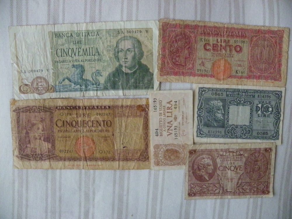 5 Alte Italienische Lire Banknoten – Reproduktion, Serie 1933-1943, 50-1000 Lire, Sammelwürdig