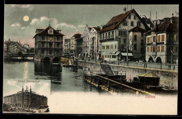 Cartoline postali: Zürich, Hotel Bernerhof, Flussufer mit  – Usato da Berlin venduto da bartko-reher