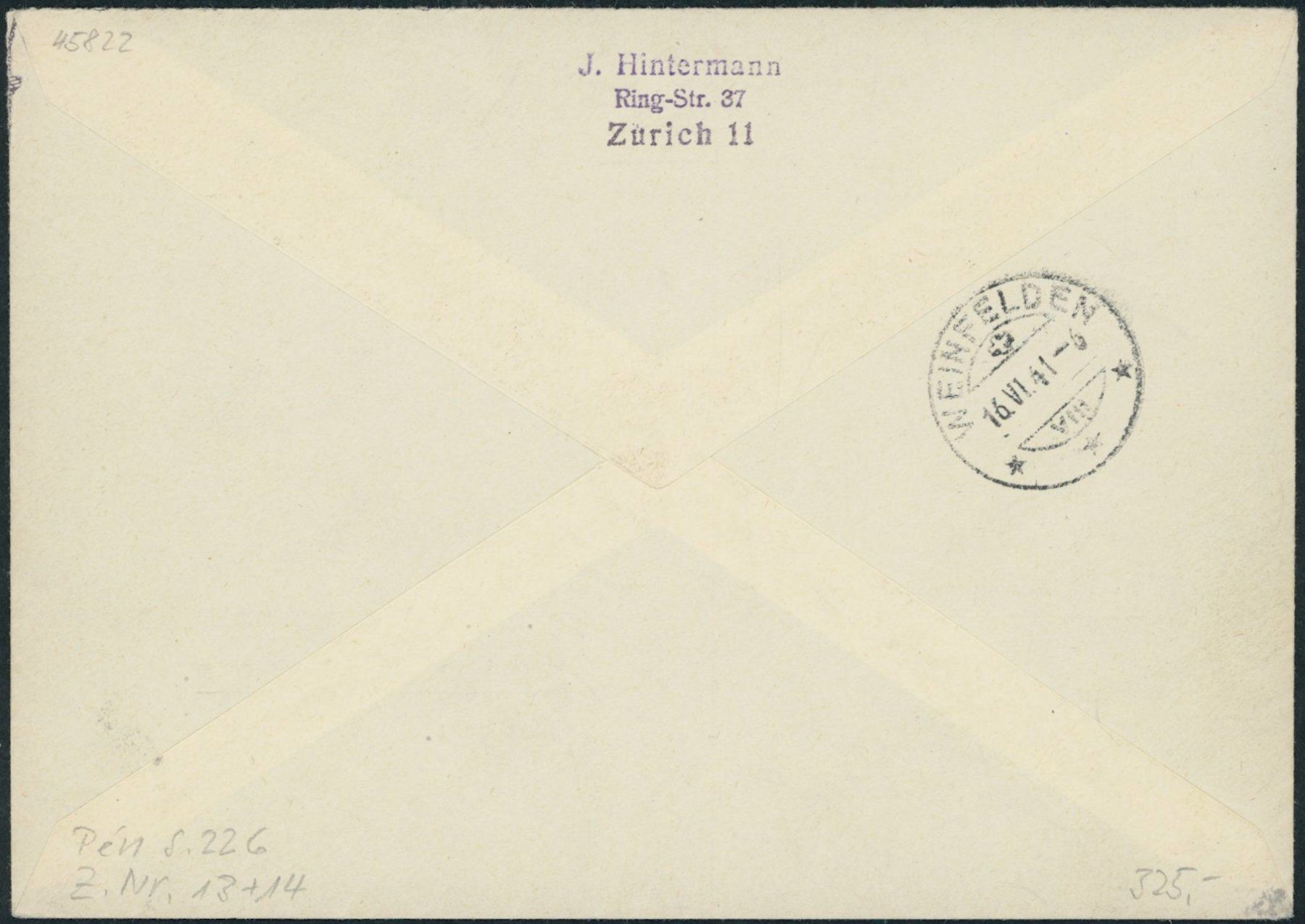 Tutti i francobolli: 1941 - Pro Patria - Ersttagsbrief FDC ET – Usato da Schindellegi venduto da leecollect 1