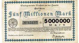 Neustadt Haardt 5 Mil.Mark 08.08.1923 VZ-VZ+