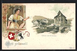 Litho Appenzell, Blick zur Kirche, Frau 