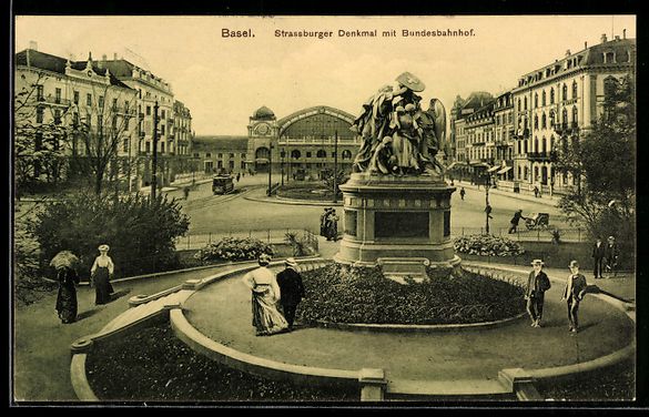 Cartoline postali: AK Basel, Strassburger Denkmal mit Bundesbahnhof – Usato da Berlin venduto da bartko-reher