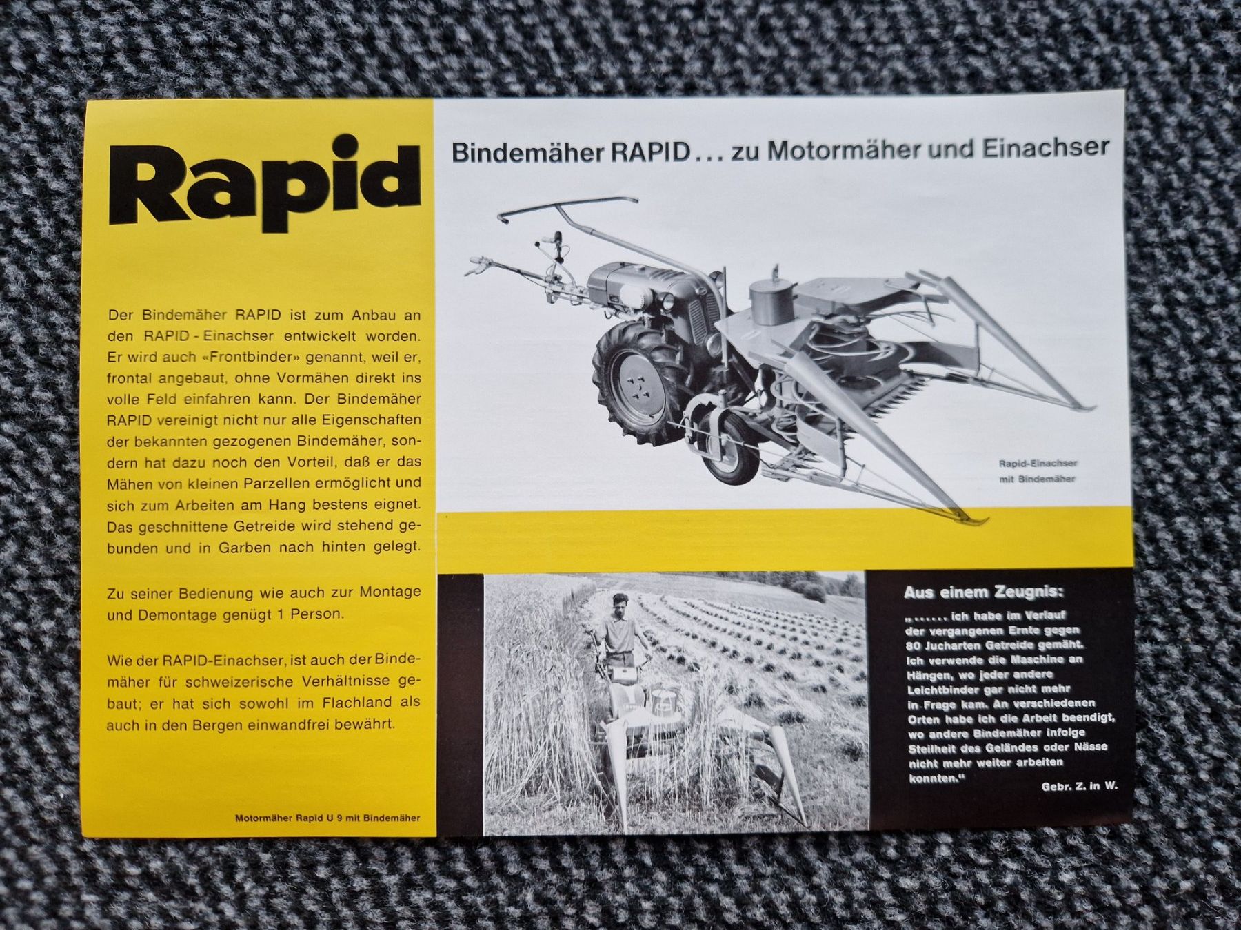 Rapid Trattori: Original Prospekt Rapid Bindemäher zu Einachser S-Spezial – Usato da Dürnten venduto da Bachtel84