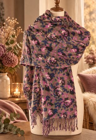 Warmer Wollschal Rosenmuster Pink Blau Beige mit Fransen