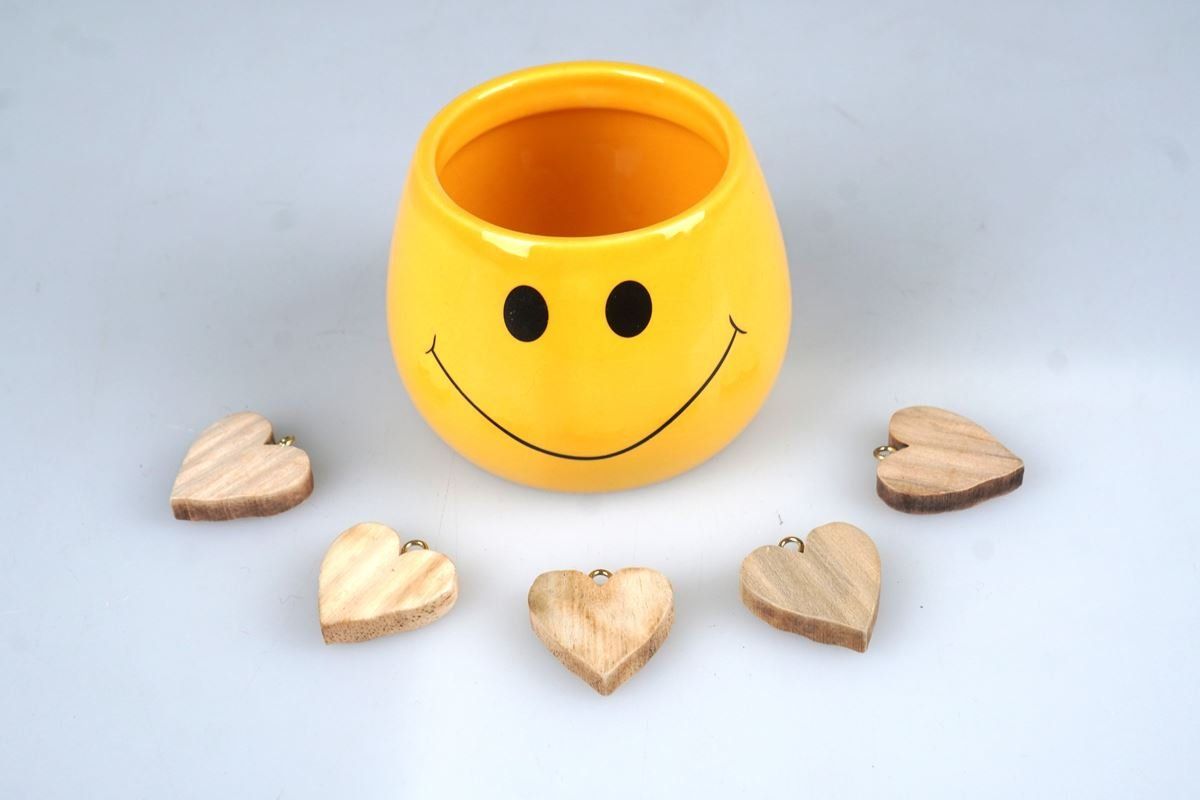 Tutte le decorazioni: Smiley-Keramiktopf mit Holzherzen – Usato da Rüti ZH venduto da Restwert_Rueti_ZH