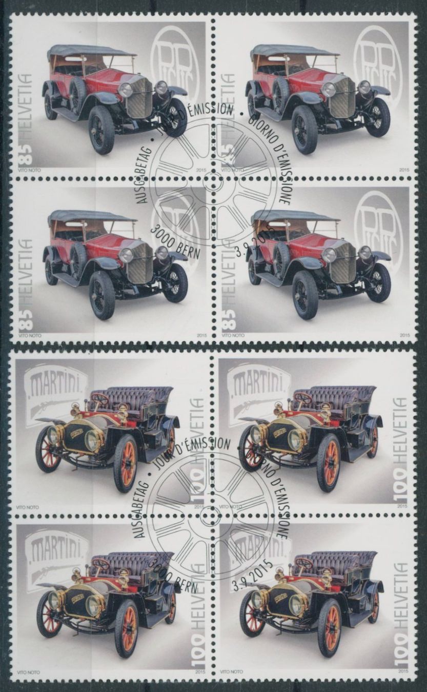Tutti i francobolli: 2015 Schweizer Automobile - Viererblock - Ersttag Stempel ET – Usato da Schindellegi venduto da leecollect 1