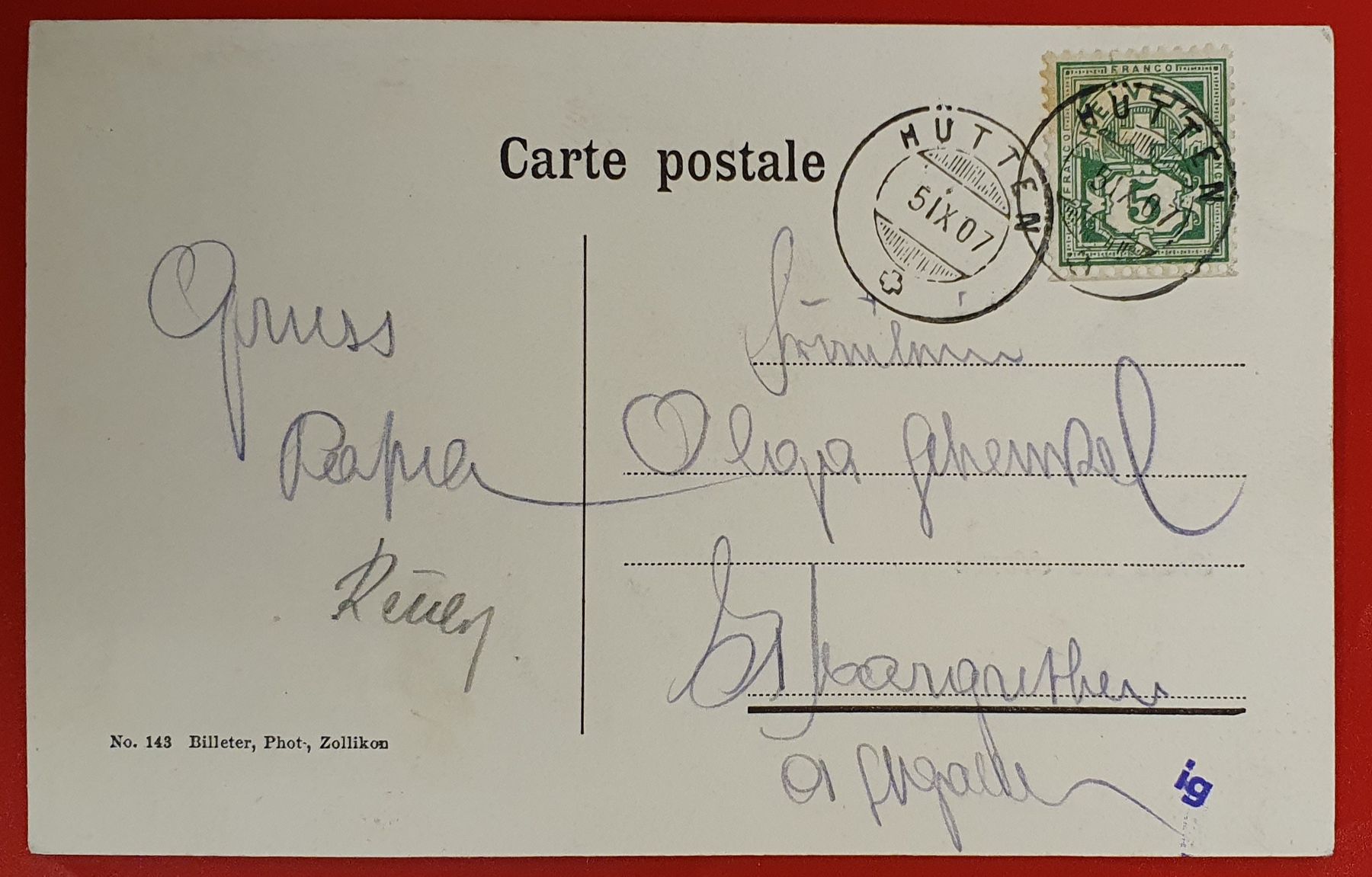 Cartoline postali: Gruss aus Hütten 1907 – Usato da Kreuzlingen venduto da Rschweiz1 1
