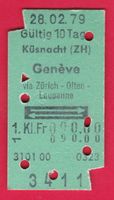 SBB KARTON BILLETT, KÜSNACHT-GENÈVE, 1.KL., RETOUR, 1979