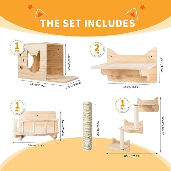MEWOOFUN Katzen-Wandregale Aus Holz, 4er-Pack, Stab Produktbild-Vorschau 1