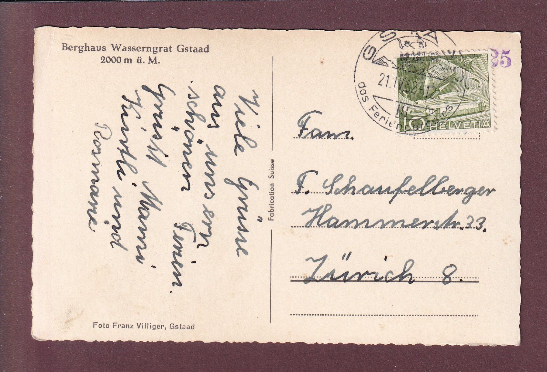 Cartoline postali: GSTAAD - Berghaus Wasserngrat - 1952 – Usato da Pully venduto da nicecards 1