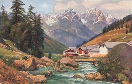 Schuls Tarasp GR Alpenlandschaft mit Bach und Hütten