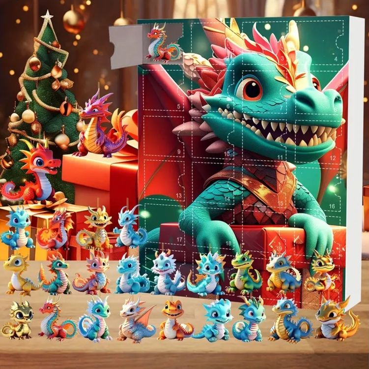 Adventskalender 2025 Drachen-Design – 24 Türchen, Mit Countdown-Funktion, Weihnachtsdekoration