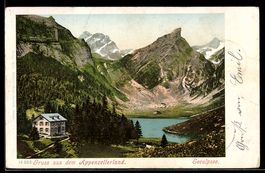 AK Appenzellerland, Seealpsee mit Gebäude und Gipfelpanorama