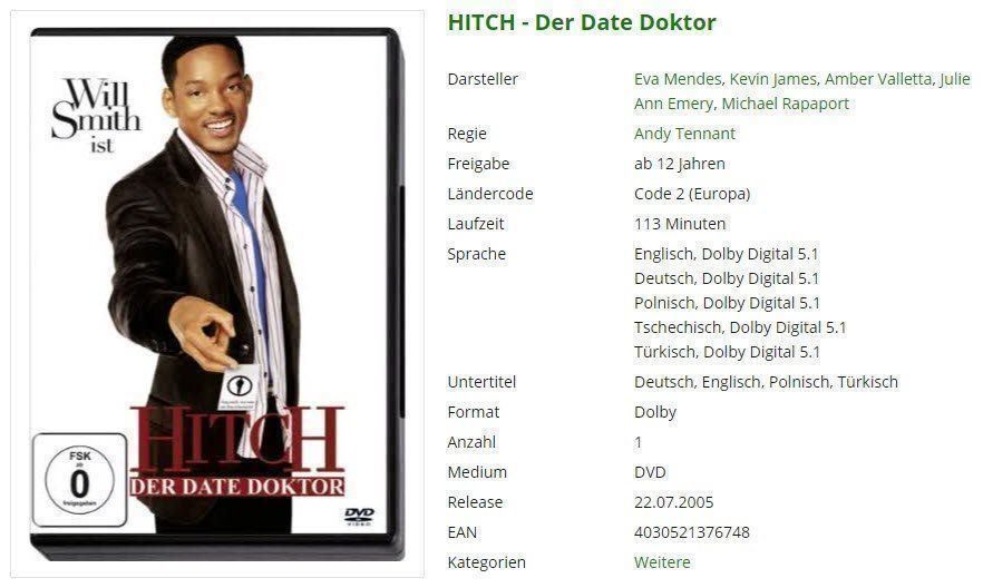 Tutti i DVDs: HITCH - Der Date Doktor - DVD – Usato da Buchrain venduto da Sssschaller