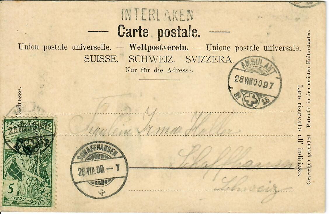 Ansichtskarten: Gruss aus Interlaken - Ambulant - Stabstempel 1900 – Gebraucht aus Hochdorf von Ziegel-16 1