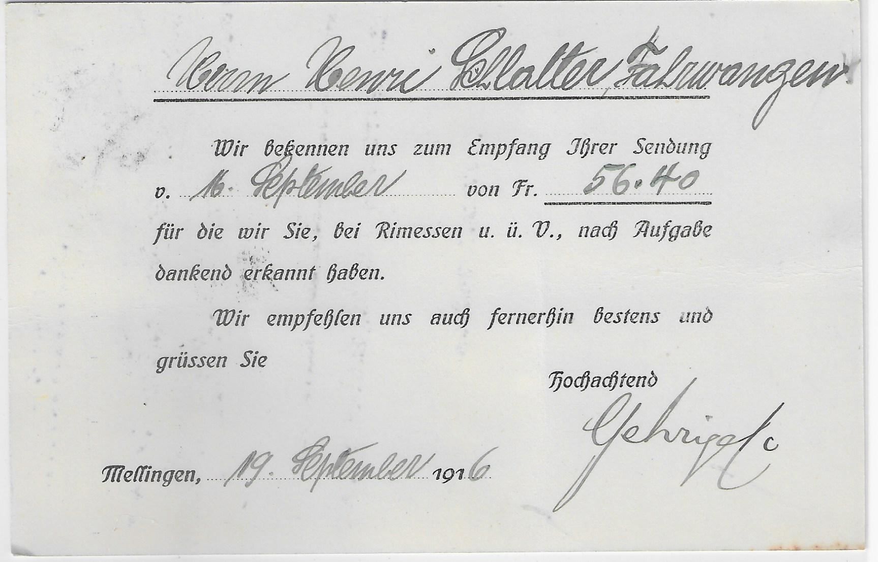 Ansichtskarten: Mellingen 19.IX.16 Lithographie Gehrig – Antik aus Ettingen von Kartenplanet 1