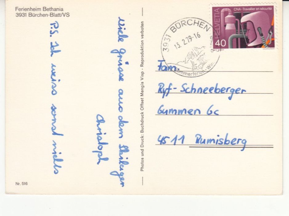 Cartoline postali: Bürchen Bethania 1979 – Usato da Bürglen TG venduto da StampGraf 1