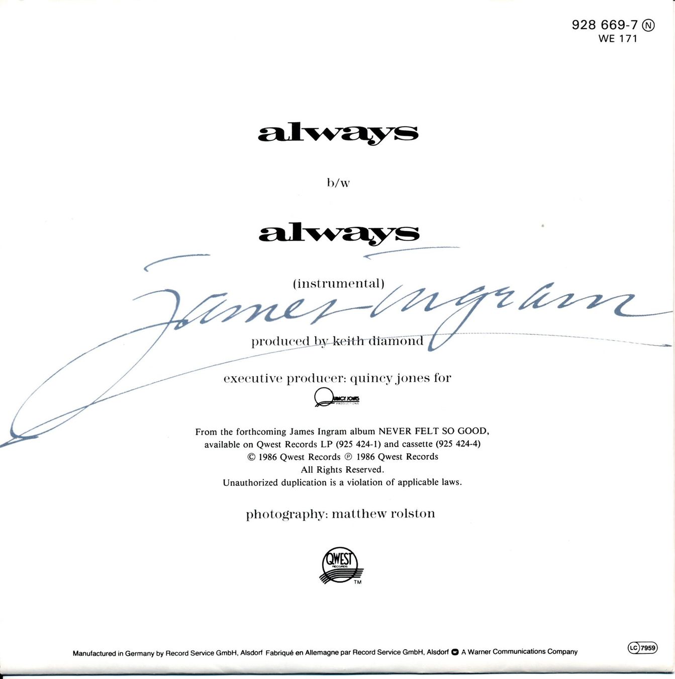 Schallplatten: JAMES INGRAM - ALWAYS (7'' Vinyl Single NM) – Gebraucht aus Hedingen von Studers 1