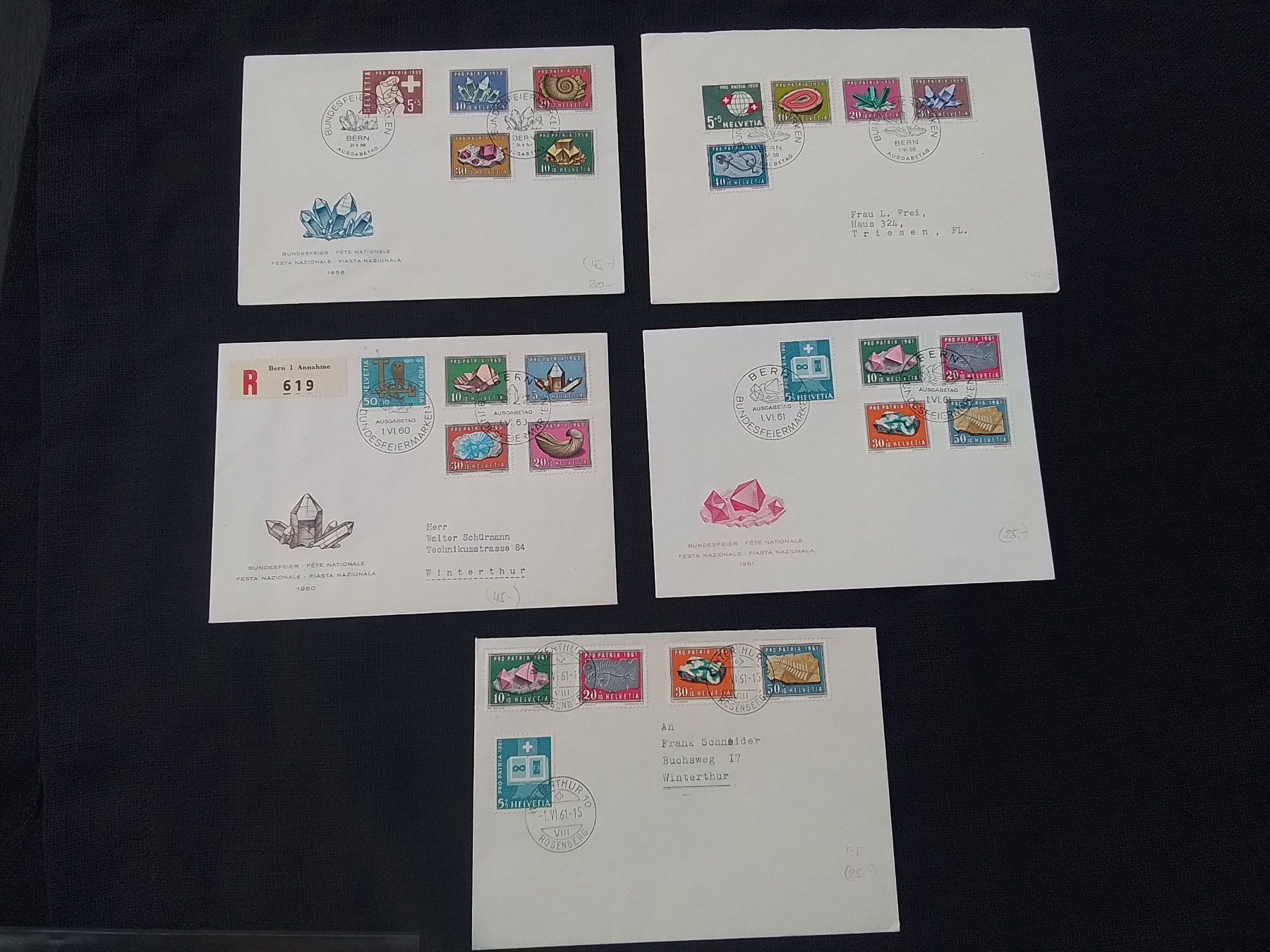 Tutti i francobolli: 5 x FDC Pro Patria 1958-1961 – Usato da Reichenburg venduto da Pipo-67