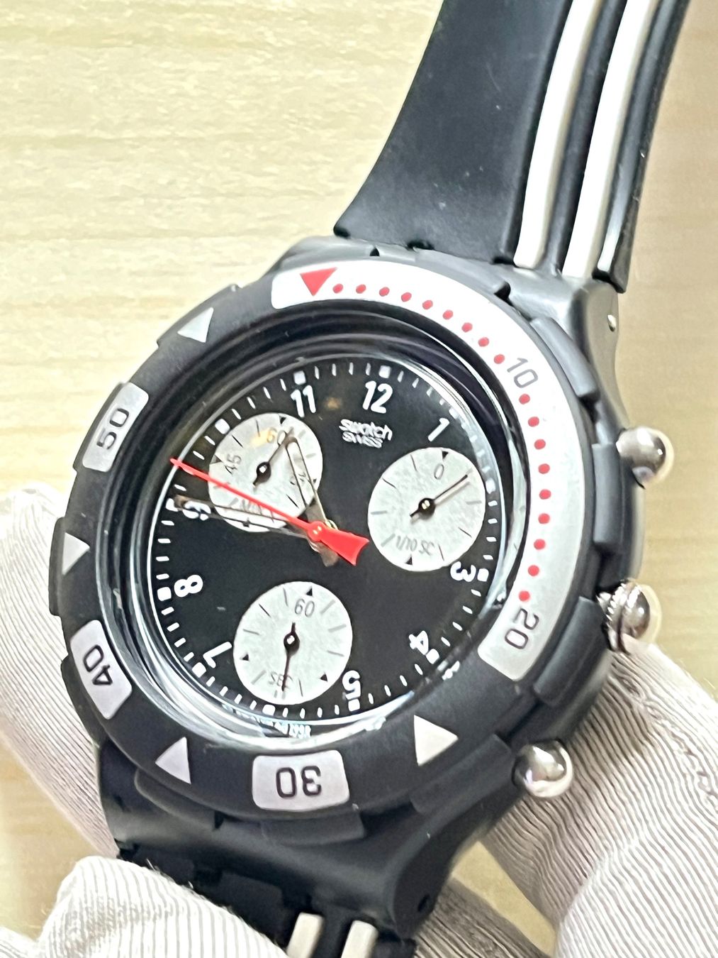 Swatch Orologi: Swatch Uhr, Black Stripes, Chronograph – Usato da Grenchen venduto da chththl 2